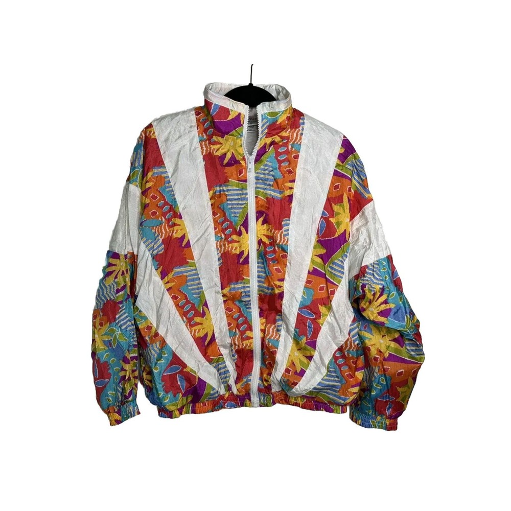 Vintage Track Jacket Woman Large Windbreaker Nylon 80s 90s Colorful White Orange